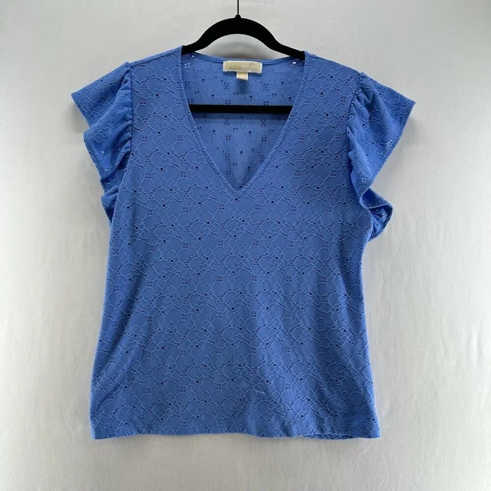 Michael Kors Floral Lace Eyelet Top Womens M V-Neck Ruffle Sleeve Pullover Blue